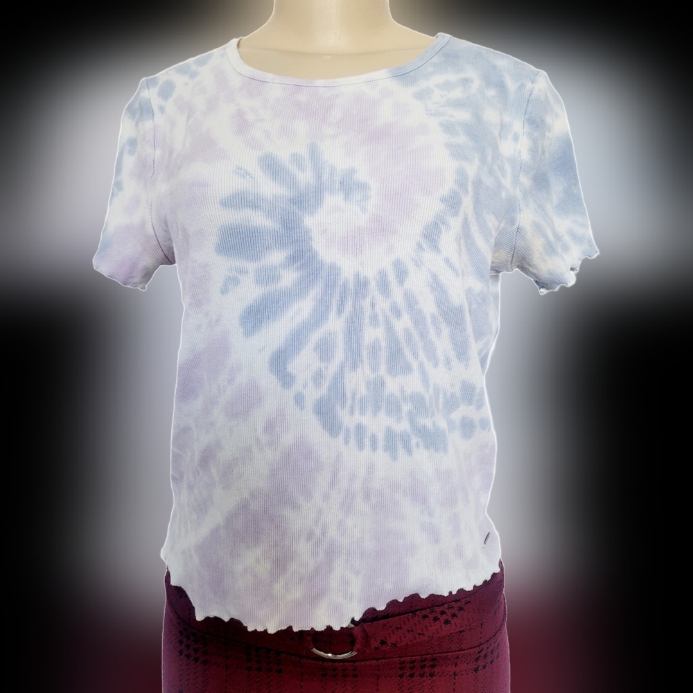 Hollister Women's TieDye T-Shirt Ribbed Cotton Blend Pink/Blue Medium